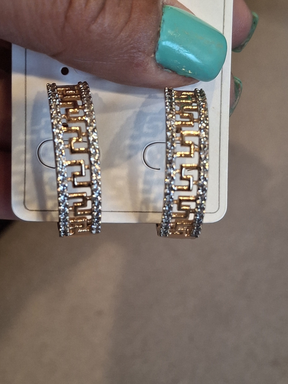 Gold Tone Greek Key Crystal Hoop Earrings - Women Jewelry